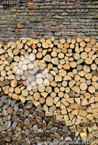 Image of Stack of firewood on a old weathered brick wall background