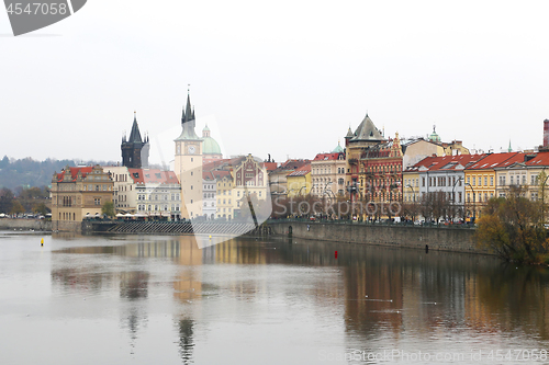 Image of View of Prague from the Vltava river in cloudy day