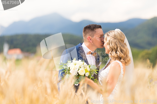 Image of Groom hugging bride tenderly and kisses her on forehead in wheat field somewhere in Slovenian countryside.