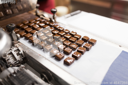Image of chocolate candies on conveyor at confectionery