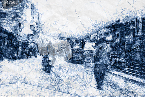 Image of people walking in the streets of Cairo ballpoint pen doodle
