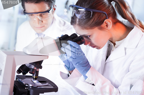 Image of Young researchers researching in life science laboratory.