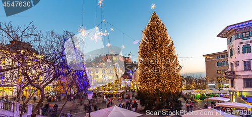 Image of Romantic Ljubljana\'s city center decorated for Christmas holidays. Preseren\'s square, Ljubljana, Slovenia, Europe