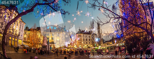 Image of Romantic Ljubljana\'s city center decorated for Christmas holidays. Preseren\'s square, Ljubljana, Slovenia, Europe