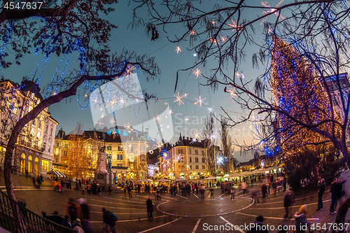 Image of Romantic Ljubljana\'s city center decorated for Christmas holidays. Preseren\'s square, Ljubljana, Slovenia, Europe