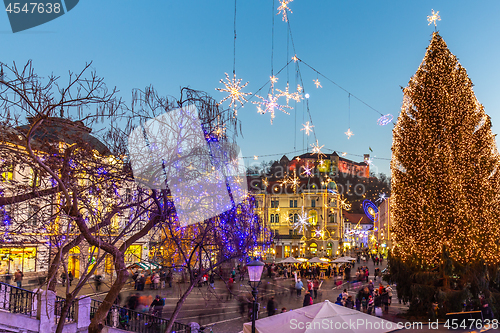 Image of Romantic Ljubljana\'s city center decorated for Christmas holidays. Preseren\'s square, Ljubljana, Slovenia, Europe