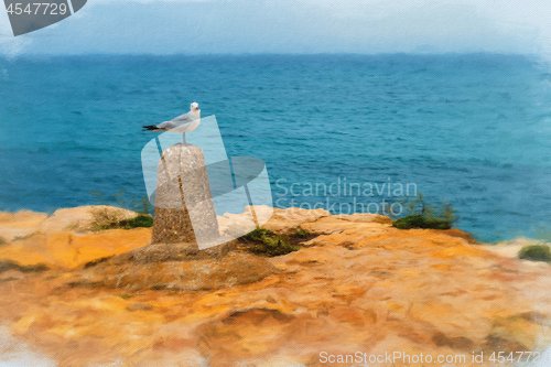 Image of Digital painting of Seagull on Perch