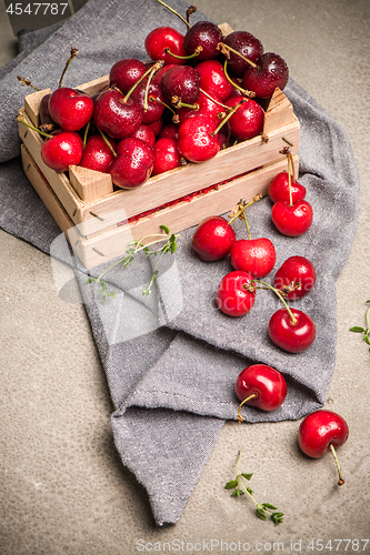 Image of Red ripe cherries in small wooden box