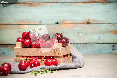 Image of Red ripe cherries in small wooden box