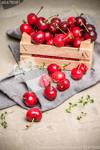 Image of Red ripe cherries in small wooden box