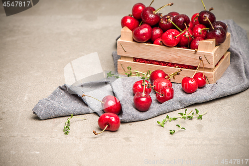Image of Red ripe cherries in small wooden box