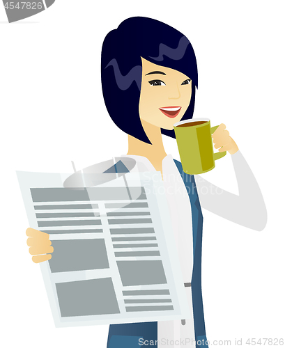 Image of Asian woman drinking coffee and reading newspaper.
