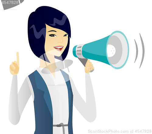 Image of Asian business woman speaking into loudspeaker.