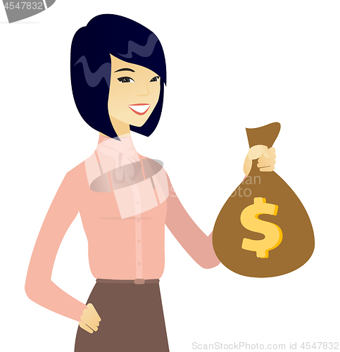 Image of Young asian business woman holding a money bag.