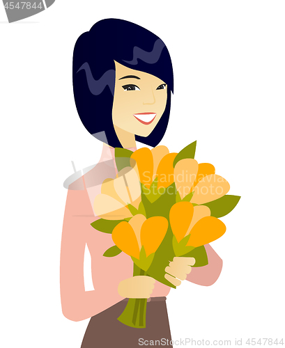 Image of Asian business woman holding bouquet of flowers.