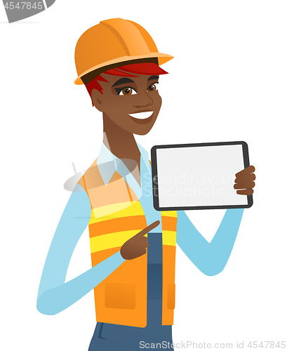 Image of Young african builder holding tablet computer.