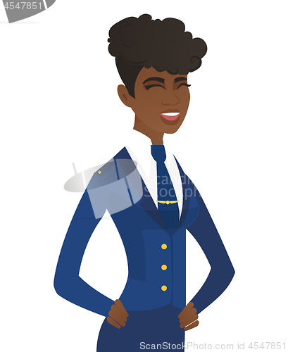 Image of Young african-american stewardess laughing.