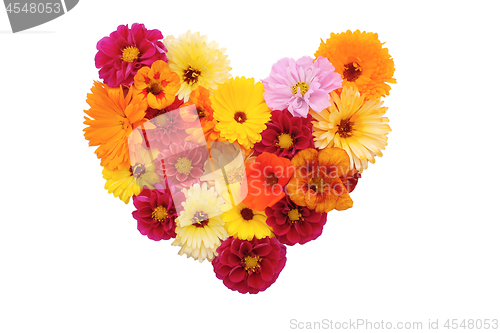 Image of Mixed flowers in a heart shape on white