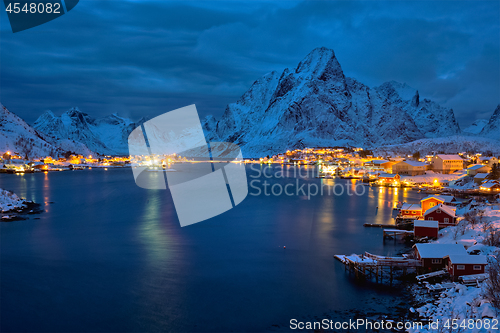 Image of Reine village at night. Lofoten islands, Norway