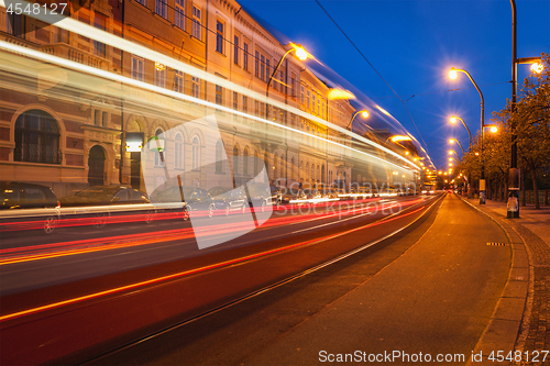 Image of Blurred light trails of Prague tram. Prague, Czech republic