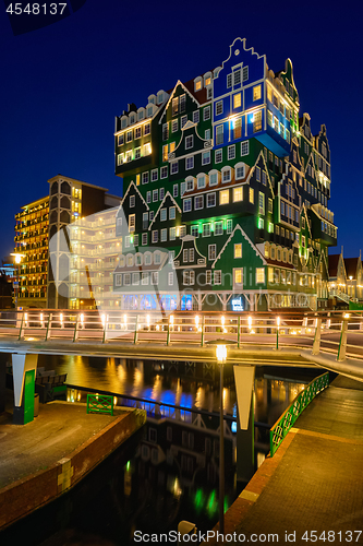 Image of Inntel Hotel in Zaandam illuminated at night, Netherlands