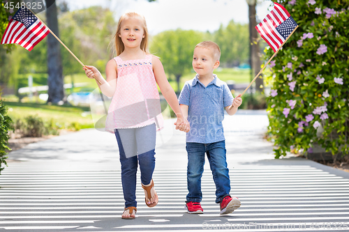 Image of Young Sister and Brother Waving American Flags At The Park