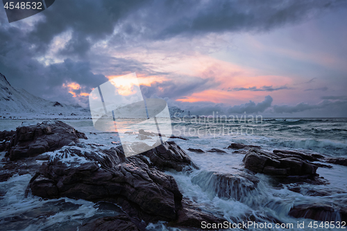 Image of Norwegian Sea waves on rocky coast of Lofoten islands, Norway