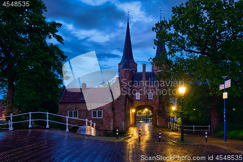 Image of Oostport Eastern Gate of Delft at night. Delft, Netherlands