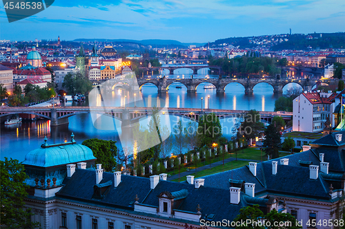 Image of Evening view of Prague bridges over Vltava river