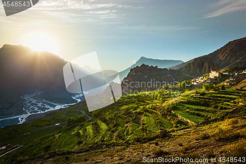 Image of Dhankar gompa and Dhankar village in Spiti village, Himachal Pra