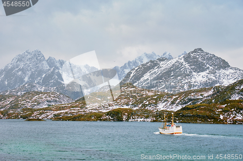 Image of Fishing ship in fjord in Norway