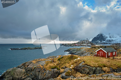 Image of Clif with traditional red rorbu house on Lofoten Islands, Norway