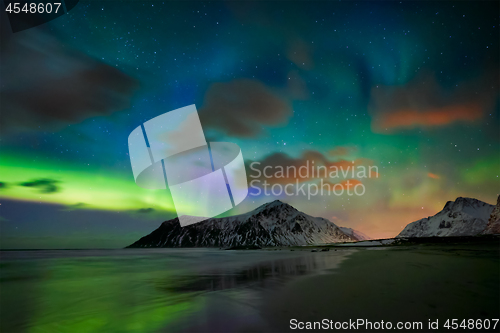 Image of Aurora borealis northern lights. Lofoten islands, Norway