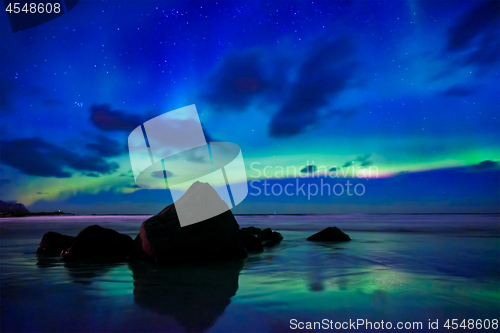 Image of Aurora borealis northern lights. Lofoten islands, Norway