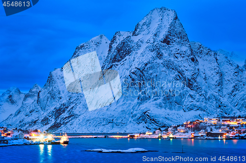 Image of Reine village at night. Lofoten islands, Norway