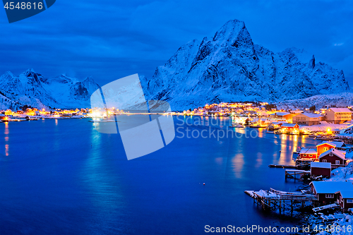 Image of Reine village at night. Lofoten islands, Norway