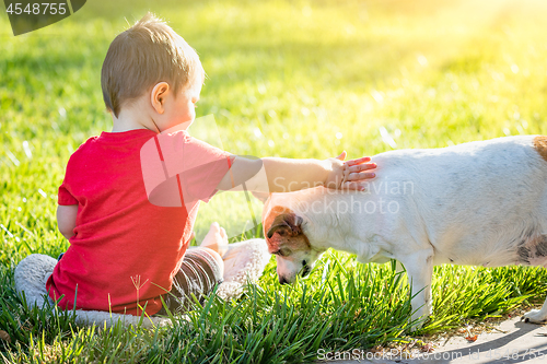 Image of Cute Baby Boy Sitting In Grass Petting Dog