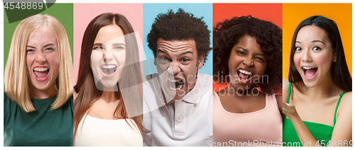 Image of collage of photos of attractive smiling happy women and afro man