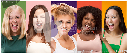 Image of collage of photos of attractive smiling happy women