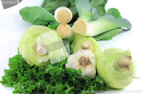 Image of Parsley, Garlic, Leeks and Kohlrabi. 