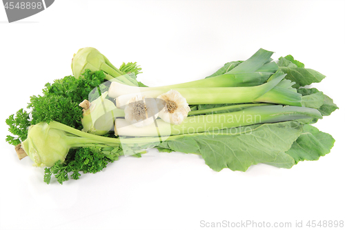 Image of Parsley, Garlic, Leeks and Kohlrabi. 