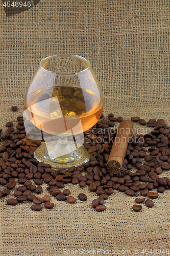 Image of Cognac, coffee and Cigar. 