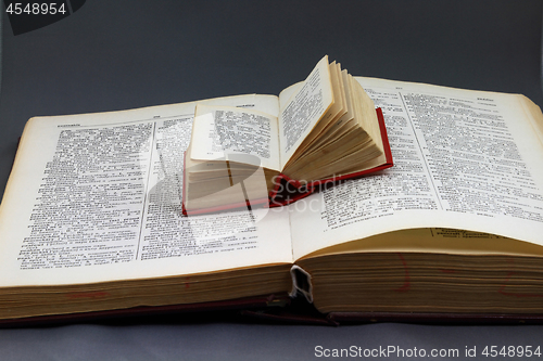 Image of Big size and miniature  dictionaries. 