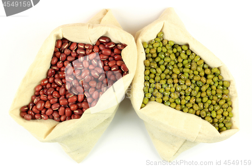Image of Organic Azuki and Mung Beans in Fabric bags. 