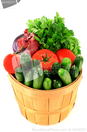 Image of Fresh Vegetables and Seasonings in Bucket Basket.  