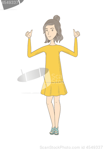 Image of Young hippie woman standing with raised arms up.