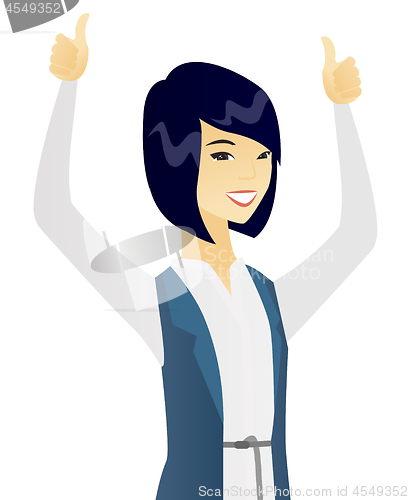 Image of Asian business woman standing with raised arms up.