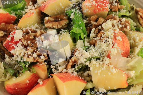 Image of Close-up view of Salad Lettuce, Apples, Walnuts, Feta Cheese 