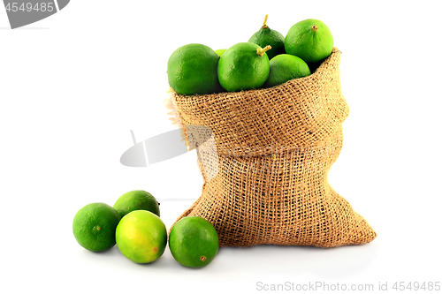 Image of Key Limes in Burlap Bag on white. 