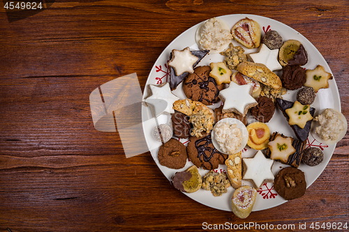 Image of Assorted Christmas cookies on wooden table